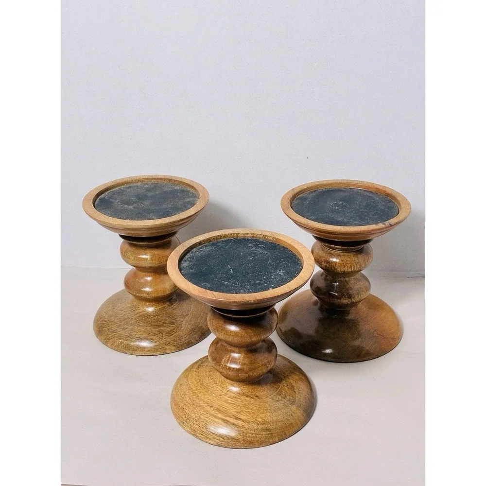 Pottery Barn Wooden Candlesticks Lot Of 3 Brown 6